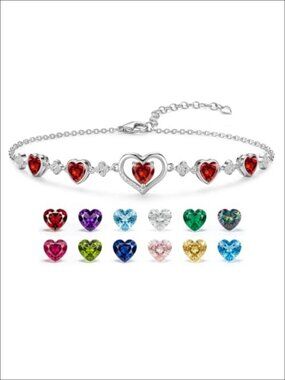 925 Sterling Silver Garnet Heart Charm Link Bracelet Adjustable 7-9"